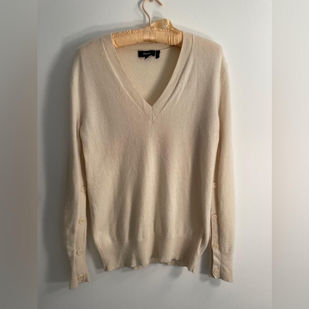 Theory 100% Cashmere V-Neck Sweater - Button Sleeve Details